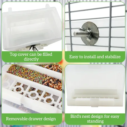Miniatura 6 de PINVNBY Comedero para pájaros sin ensuciar, 2 unidades, alimentador automático para pájaros para jaulas, contenedor de alimentos para semillas