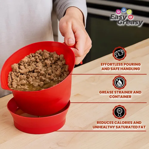 Miniatura 6 de Colador de grasa con asa y recipiente, cuenco con tapa, juego de 3 cepas Cepas de carne molida, tocino y pasta Gadget de cocina seguro sin BPA