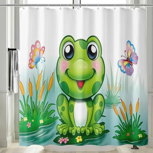 Miniatura 2 de Juego de 4 cortinas de ducha con diseño de rana divertida color verde con tapete de baño, diseño de rana en hojas, tapete de baño para niños, tapete