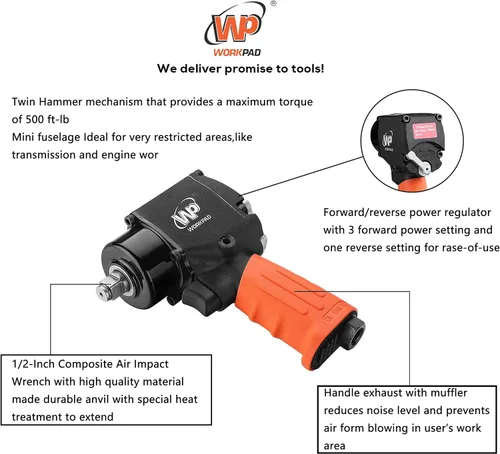 Miniatura 4 de WORKPAD - Mini llave de impacto neumática de 1/2 pulgada con martillos gemelos, herramientas neumáticas 1116