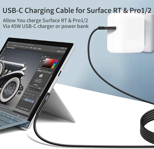 Miniatura 2 de Cable de carga USB C para Surface RT y Pro 1 2 (negro de 6 pies), funciona con cargador USB-C de 15 V/3A 45 W, compatible con Microsoft Surface 1512