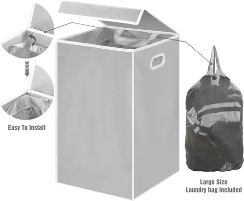 Miniatura 3 de Simple Houseware Cesta plegable para ropa sucia con tapa y bolsa extraíble, color gris