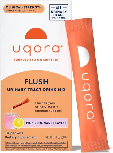 Uqora Flush - Tracto urinario* con D-manosa, vitamina C, vitamina B6, potasio, magnesio y calcio - Sin gluten y vegano - Sabor a limonada rosa - 10