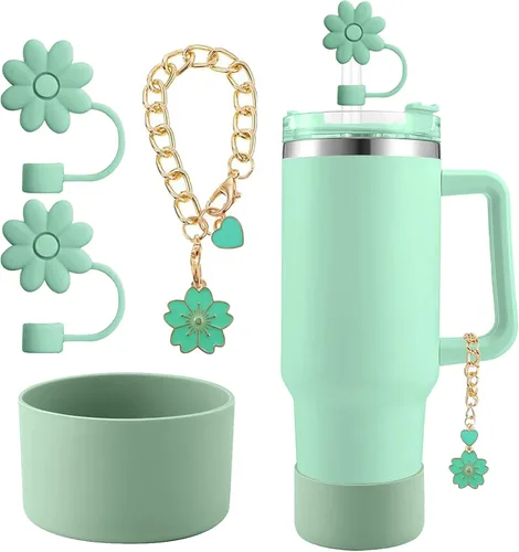 Miniatura 13 de Accesorios para juego de tazas Stanley, 2 tapas de paja de flores reutilizables de 0.394 pulgadas (0.394 in), 1 dije de mango lindo y 1 funda