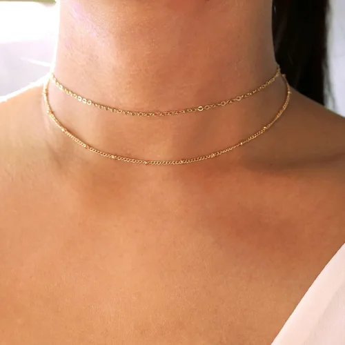 Miniatura 5 de Tewiky Collar de cadena de oro para mujer, chapado en oro de 14 quilates, collar de cadena de caja de ondas con cuentas finas, collar de oro