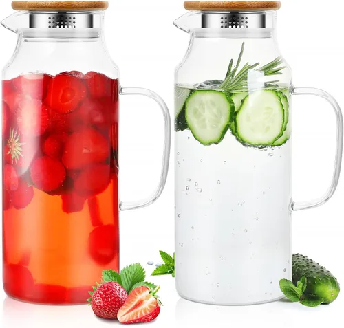 Miniatura 10 de 2 jarras de vidrio con tapa y boquilla, jarra de vidrio para agua caliente/fría con asa, jarras de té helado, jarras de bebidas para refrigerador