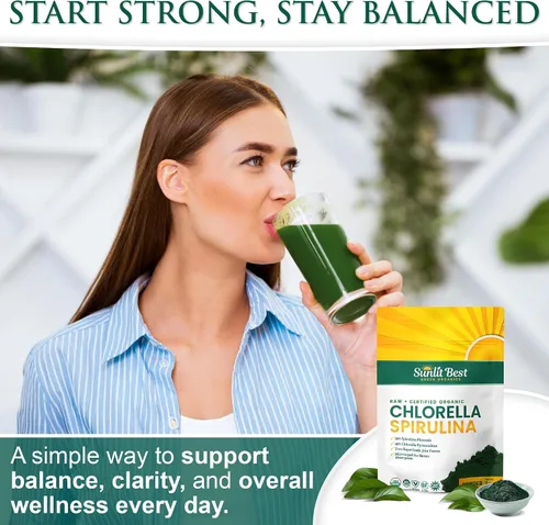 Miniatura 5 de Sunlit Best USDA Organic Chlorella Spirulina en polvo – Fuente 100% cruda y vegana de proteína y clorofila Bebida energética de superalimentos sin