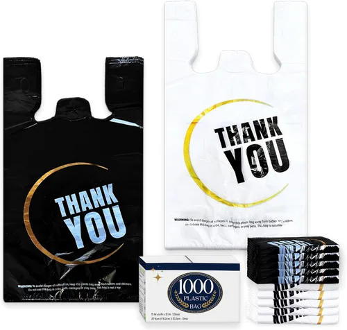 YoYoRain 1000 bolsas de agradecimiento, bolsas tipo camiseta, bolsas de plástico blancas (500 unidades), bolsas de plástico negras (500 unidades)