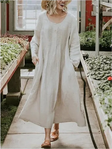 Miniatura 2 de Akivide Womens Cotton Linen Long Sleeve Loose Maxi Dress Plus Size Casual Flowy Pleated Crewneck Beach Dress with Pocket