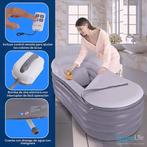 Miniatura 4 de SereneLife Bañera de spa con alfombrilla de masaje de burbujas – Bañera inflable con almohada, portavasos, control remoto para iluminación LED