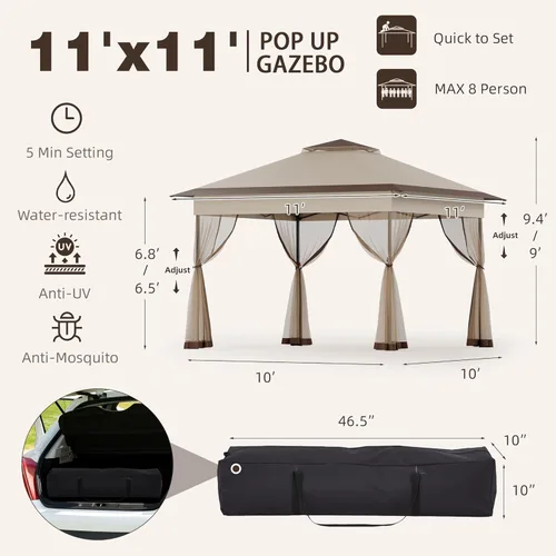 Miniatura 3 de Bezseller Carpa Gazebo Emergente de 11x11 pies con Mosquitero – Instalación Rápida, Toldo Exterior Resistente al Agua para Patio, Jardín, Patio Caqui