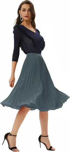 Miniatura 131 de GRACE KARIN - Falda plisada de gasa para mujer, con cintura alta y elástica, vuelo, corte acampanado y longitud por debajo de la rodilla