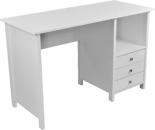 Miniatura 5 de Techni Mobili Escritorio blanco con cajones: escritorio de oficina pequeño con 3 cajones de gabinete, estante abierto y paneles de madera laminada