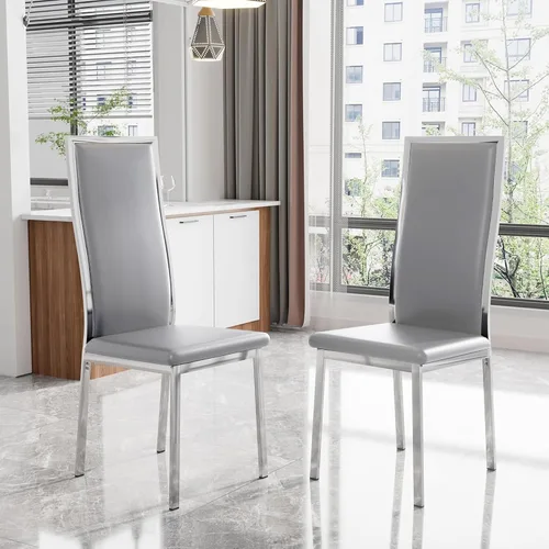 Miniatura 25 de Juego de 4 sillas de comedor modernas, de piel sintética blanca con patas de metal cromado dorado, diseño de respaldo alto curvo y acolchado