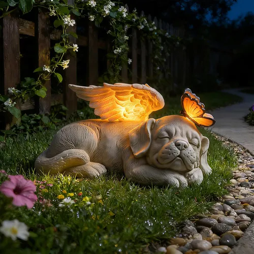 Miniatura 4 de WONDER GARDEN Estatua de Ángel Perro Durmiendo con Luz Solar - Piedra Conmemorativa para Mascotas, en Memoria de Perro, Estatuas de Tributo Cachorro