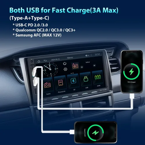 Miniatura 4 de Estéreo de auto doble DIN con pantalla táctil de 7 pulgadas, compatible con Apple CarPlay, Android, Bluetooth, radio AM/FM, USB, carga rápida 3A