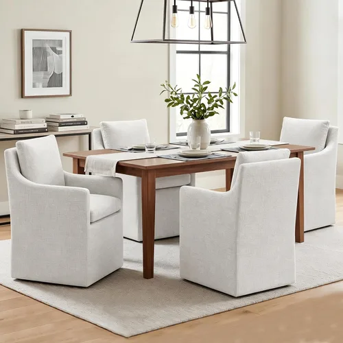 Miniatura 11 de DUHOME Silla de comedor tapizada, silla decorativa de lino para sala de estar, sofá individual con 4 ruedas, sillón tapizado para dormitorio