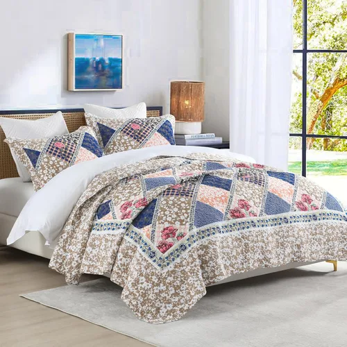 Miniatura 12 de Juego de edredón de cama King de 100% algodón de 120x120, juego de edredón extra grande, cubrecama extra grande de estilo granja, patrón de cuadros