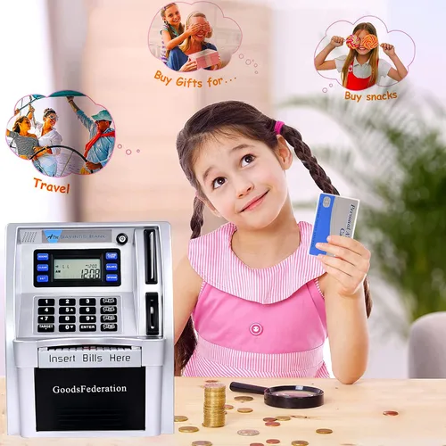 Miniatura 4 de Alcancía estilo cajero automático para dinero real para niños y adultos, alcancía de juguete con tarjeta, contraseña, reconocimiento de monedas