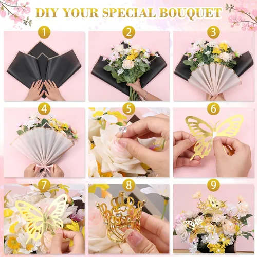 Miniatura 7 de Tetutor 206 Hojas de Papel de Envolver Flores Impermeable, Hojas de Papel de Envolver Ramos, Papeles de Envoltura Floral Ramos con Cintas Alfileres