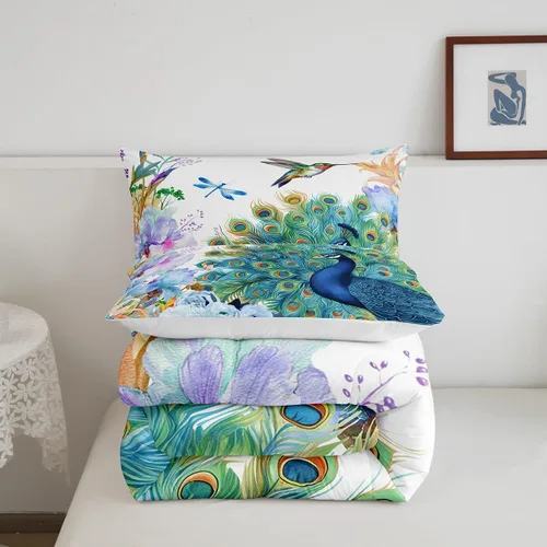 Miniatura 5 de Juego de edredón de plumas de pavo real, colibrí, libélula y libélula, juego de ropa de cama con patrón de flores y pájaros para niñas y mujeres