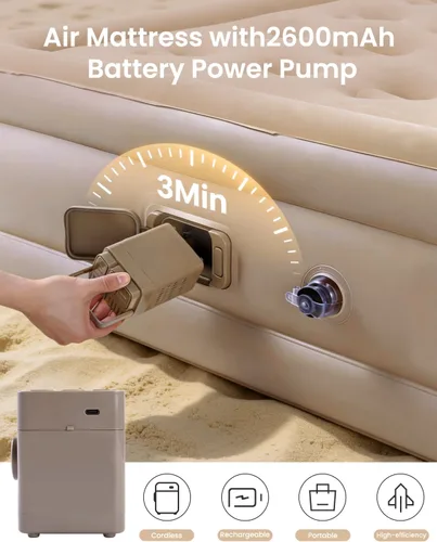 Miniatura 2 de Colchón de aire individual con bomba de batería de 2600 mAh, colchón inflable elevado de 16 pulgadas, colchón inflable portátil, cama de aire