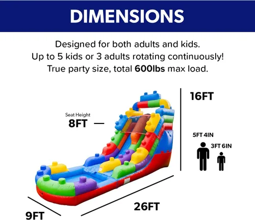 Miniatura 2 de HeroKiddo Tobogán acuático inflable de 16 pies de alto con piscina y soplador acoplables, PVC de grado comercial de 26 pies de largo, tobogán húmedo