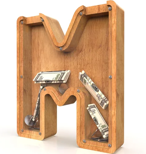 Miniatura 94 de Alcancía para niños y niñas, alcancía grande de madera personalizada con diseño recortado, bancos de monedas con letras del alfabeto, caja de ahorro