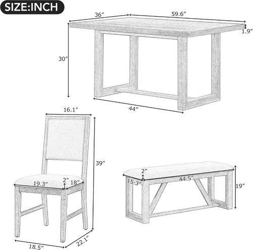Miniatura 7 de Merax Farmhouse - Juego de 6 mesas de comedor de madera de 59.6 pulgadas con base de caballete, 4 sillas tapizadas y 1 banco, fácil de montar