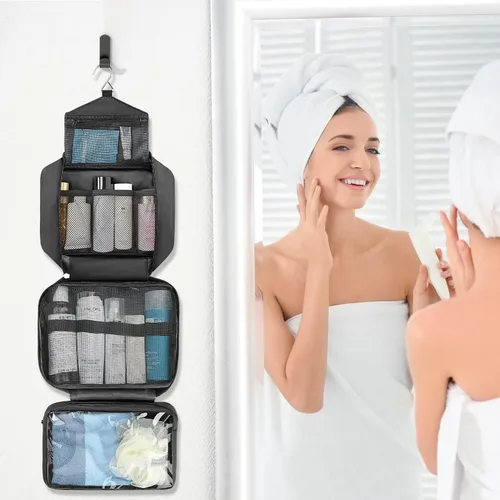 Miniatura 8 de Neceser de aseo para hombres y mujeres, bolsas de aseo grandes para viajar, bolsa de higiene compacta colgante con 4 compartimentos, bolsa de ducha