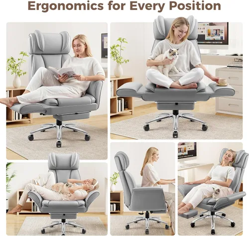 Miniatura 7 de Big and Tall Office Chair, Flip Armrests for Cross Legged Sitting, Ergonomic Leather Executive Desk Chair with Foot Rest, High-Back Reclining