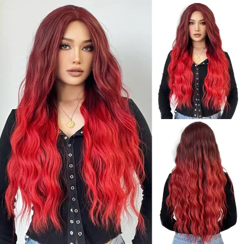 Miniatura 26 de Esmee Pelucas largas de color castaño rojizo ombré para mujer, peluca de cabello sintético ondulado y rizado natural para uso diario, fiestas
