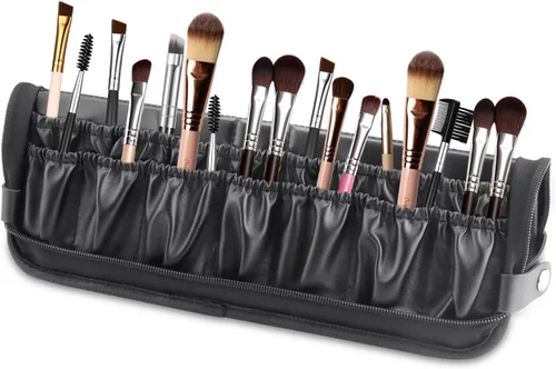 Organizador de brochas de maquillaje plegable, resistente al agua, soporte para brochas de maquillaje de viaje, estuche portátil de cuero (solo