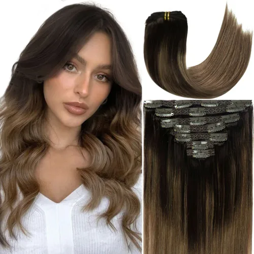 Miniatura 11 de Caliee Extensiones de cabello con pinzas de cabello humano 14 pulgadas Color 1 Negro azabache trama doble invisibles Extensiones de cabello humano
