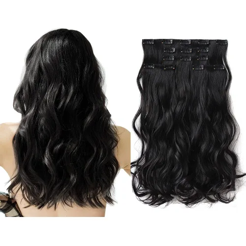 Miniatura 20 de Extensiones de cabello negro lacio, 2 juegos de extensiones de cabello con clip para mujeres, Halloween, 5 piezas de 22 pulgadas, piezas de cabello