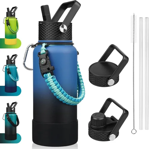 Miniatura 32 de BJPKPK - Botella de agua con tapa de popote, botellas de agua aisladas de 18 onzas con 3 tapas, asa de cuerda de paracaídas y base antideslizante