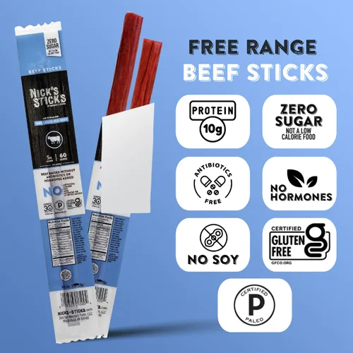 Miniatura 6 de Palitos de carne de res alimentada con pasto Nick's Sticks, sin gluten, sin antibióticos u hormonas (25 paquetes de 2 palitos)