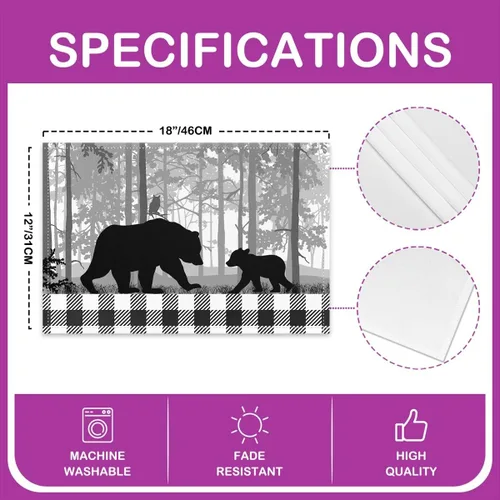 Miniatura 5 de Wild Animal - Juego de 4 manteles individuales elegantes para mesa de comedor, manteles individuales con silueta de oso negro, 12 x 18 pulgadas