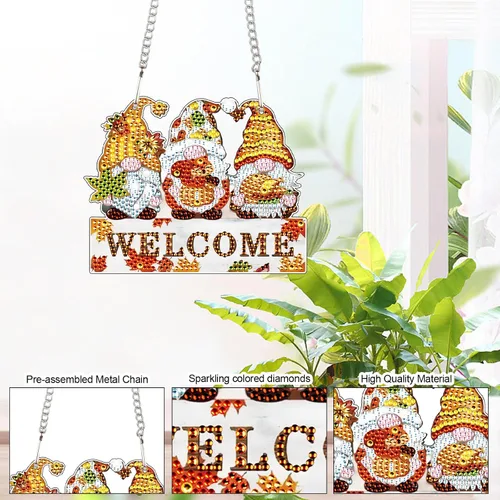 Miniatura 4 de AiYuanzsh Cartel colgante de pintura de diamante de gnomo de otoño, kit de arte de diamantes de imitación de cristal acrílico 5D DIY, decoración