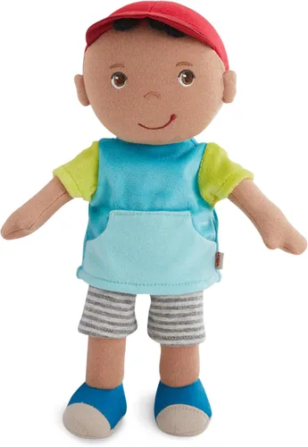 Miniatura 11 de HABA Snug Up Doll Rumbi - Muñeca suave de 10 pulgadas con cabello negro y overol rosa - Lavable a máquina para 18 meses en adelante