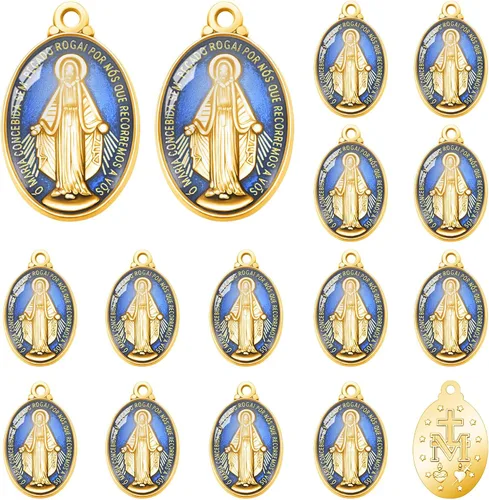 60 piezas de colgante de medalla milagrosa esmalte azul acento para hombres mujeres protección joyería católica encanto para bricolaje rosario