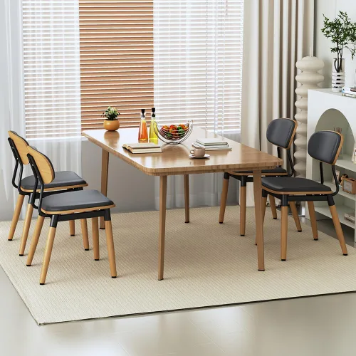 Miniatura 7 de Juego de 4 sillas de comedor, modernas sillas de cocina tapizadas de piel sintética con respaldo de madera curvada de nogal y cojín de asiento