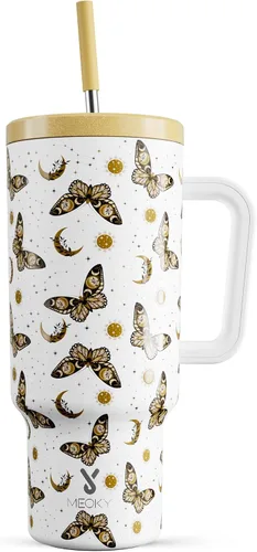 Miniatura 33 de Meoky - Vaso de 30 oz con asa, tapa y pajilla, taza de viaje térmica de acero inoxidable 100% a prueba de fugas, para portavasos, mantiene el frío