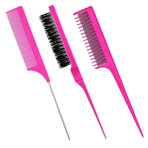 Miniatura 10 de Patelai Juego de 3 peines para peinar el cabello para mujer, cepillo para burlas/esponjoso, peine de cola de rata y peine triple (negro)