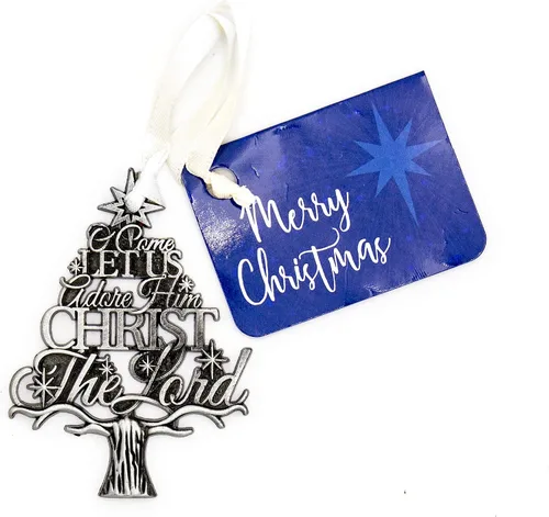 Miniatura 4 de Adorno colgante de Navidad grabado en forma de árbol de metal plateado con texto en inglés "O Come Let Us Adore Him Christ the Lord", 2.75 pulgadas