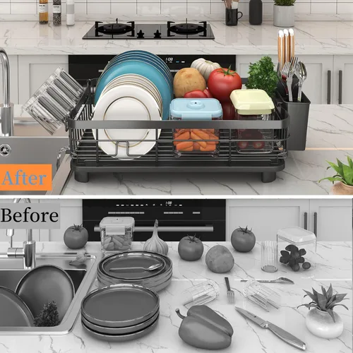 Miniatura 4 de Godboat Escurridor de platos, escurridor de platos con drenaje automático y alfombra, escurridor de platos para encimera de cocina, organizador