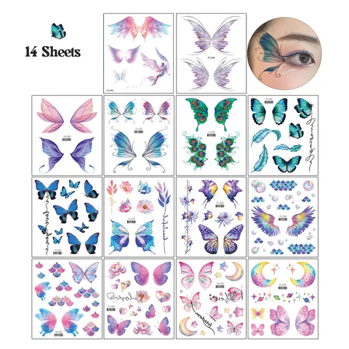 Miniatura 2 de 14 hojas de tatuajes temporales de mariposa con purpurina para decoración de maquillaje de ojos, rostros, calcomanías de tatuaje de arte corporal
