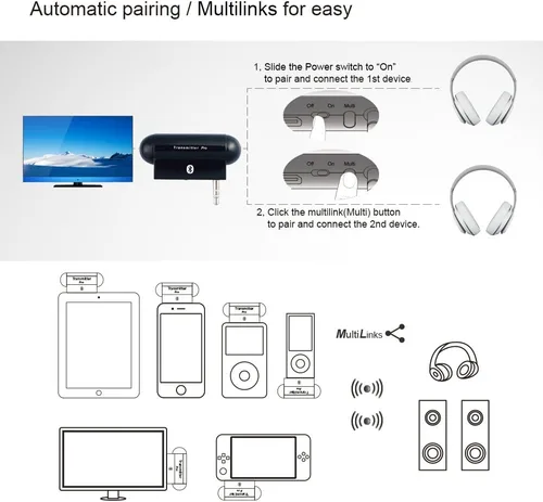 Miniatura 8 de Alead TxPro - Transmisor de audio estéreo inalámbrico multienlace Bluetooth (A2DP) con enchufe de audio de 0.138 in, para iPod, iPad, Zune, Zen