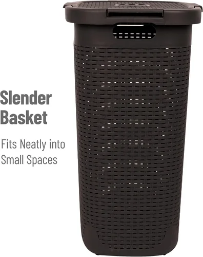 Miniatura 6 de Mind Reader - Cesta de ropa delgada con tapa, cesta de 60L, diseño de mimbre premium, plástico, color café Marrón