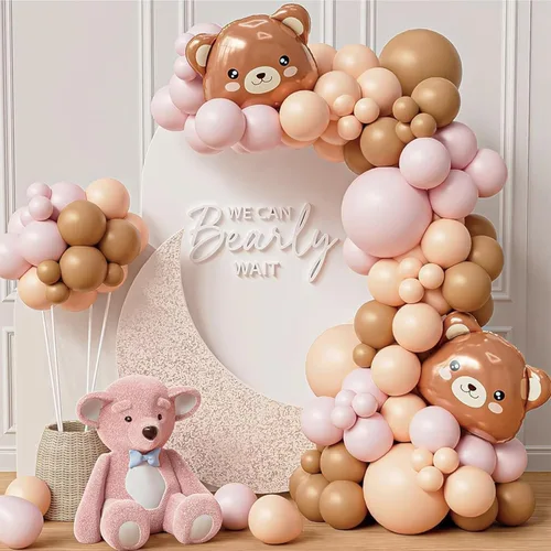 Kit de arco de guirnalda de globos de oso en color rosa, 121 unidades, globos metalizados de animales del bosque (oso) con el texto “We Can Bearly